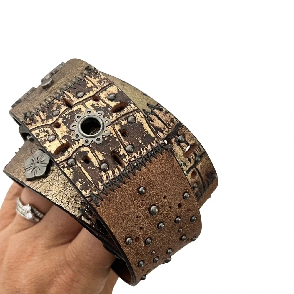 Fossil Belt Women Large Black Brown Studded Leather Patchwork Grommet BT3180016L